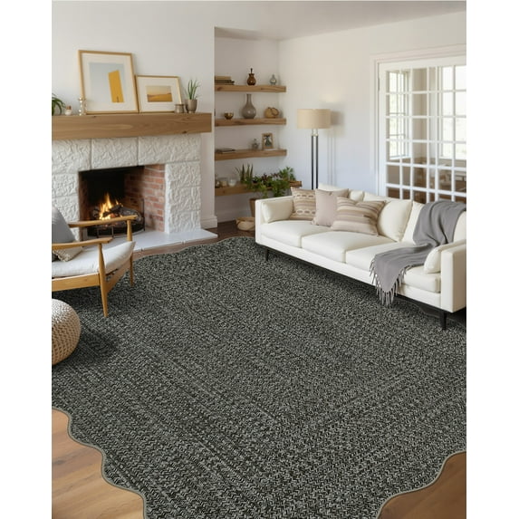 Garvee 4'x6' Scalloped Rug Farmhouse Braided Print Carpet, Washable Rug Soft Non Slip Low Pile Rug Indoor Neutral Carpet for Living Room Bedroom Dining Room, Gray Brown