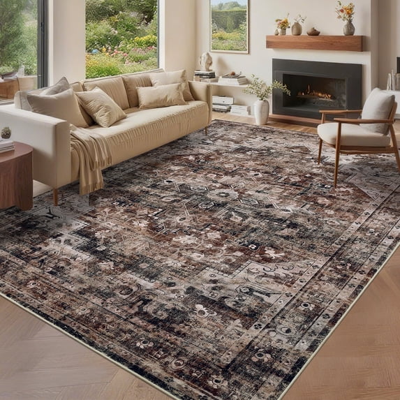 Garvee 4'x6' Vintage Area Rug Retro Oriental Indoor Carpet with Non Slip Backing, Washable Rug Distressed Foldable Floor Mats for Living Room Bedroom Dining Room, Brown