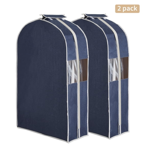 Garvee 40 Inch Cotton Linen Garment Bags for Closet Storage, Breathable Suit Cover with 10 Inch Gusset and Clear Window, Reusable Clothes Protector for Suits, Coats and Jackets, 2 Pack, Navy Blue