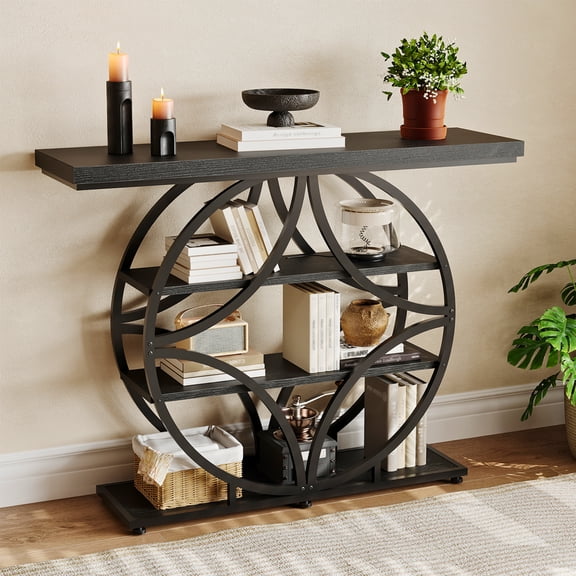 Garvee 41.3 Inch Entryway Table, Modern Console Table with Circle Base, Industrial Narrow Accent Table with 4 Shelves, Decorative Hallway Table for Living Room, Foyer, Entrance, Black