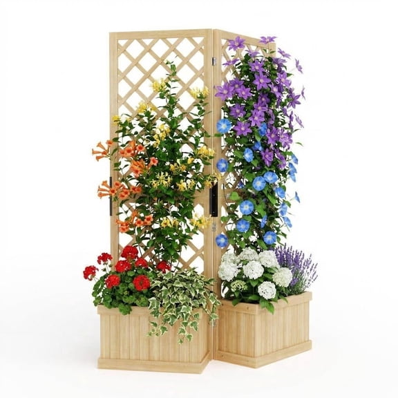 Garvee 41 in Wide Cedar Wood Planter Box with Trellis- 2-Panel Garden Divider,Drain Holes,Wood Color