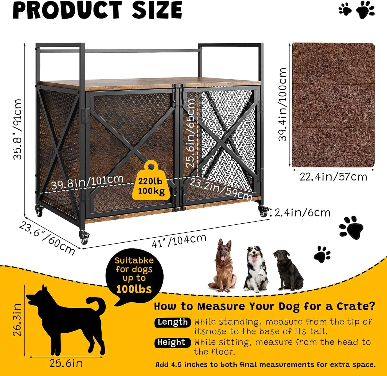 Garvee 41in Dog Crate Furniture, Rustic Brown Heavy Duty Wooden Dog Kennel with Lockable 360° Wheels, Double Door Pet Cage End Table for Small, Medium & Large Dogs