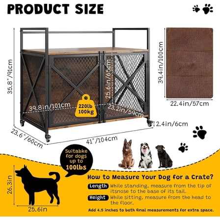 Garvee 41in Dog Crate Furniture, Rustic Brown Heavy Duty Wooden Dog Kennel with Lockable 360° Wheels, Double Door Pet Cage End Table for Small, Medium & Large Dogs