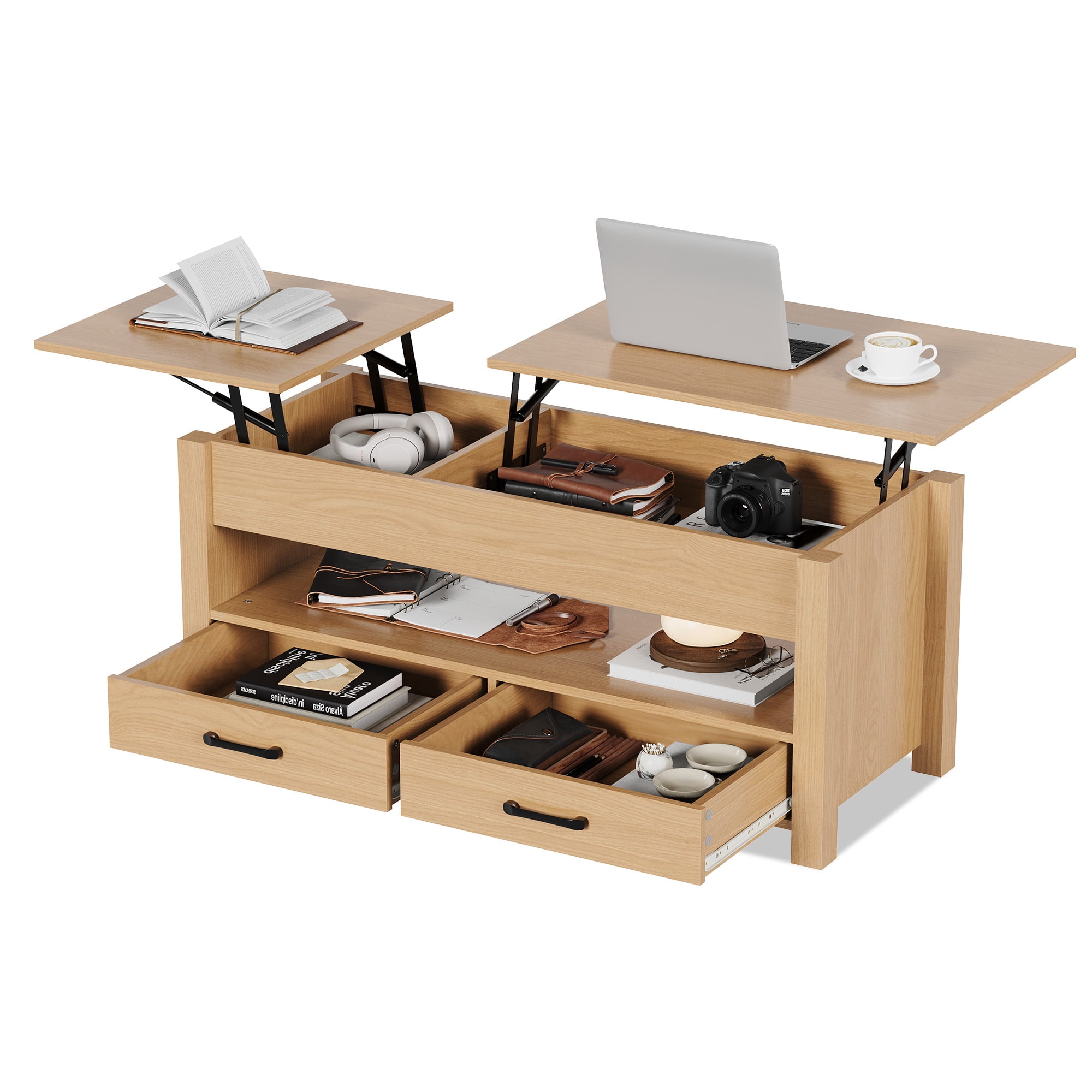 Split Tabletop Garvee 47.2 Inch Lift Top Coffee Table with Storage Drawers and Hidden ...