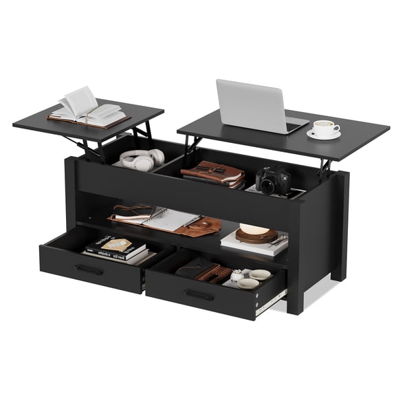 Garvee 47.2 Inch Lift Top Coffee Table with Storage Drawers and Hidden Compartment, Modern Farmhouse Center Table with Adjustable Split Lift Tabletop for Living Room and Home Office, Black