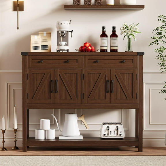 Garvee 47.2" Modern Farmhouse Buffet Sideboard Cabinet with 2 Drawers & 2 Cabinets, Console Table with Barn Doors, Coffee Bar Storage for Kitchen Dining Room