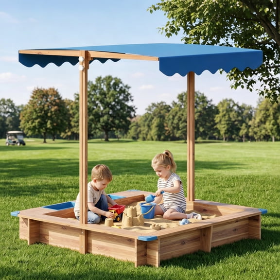 Garvee 47.2" x 47.2" Outdoor Wood Sandbox, Large Sand Pit with Adjustable Canopy, Bench Seats & 2 Built-In Storage Bins for Kids Ages 3-6