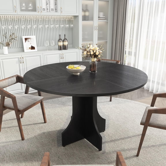 Garvee 47 in Farmhouse Round Dining Table for 4-6 People, Wooden Circle Kitchen Table, Rustic Circular Breakfast Nook Furniture for Apartment, Small Dining Room and Home Office, Black