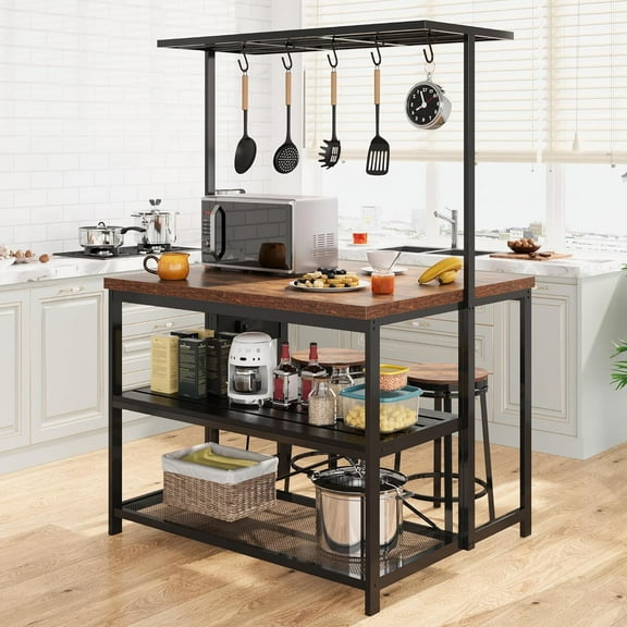 Garvee 47'' Kitchen Island with Storage, Table with Seating, 3-Tier Bakers Rack, Microwave Stand, 5 Hooks, Dining & Living Room, Black & Natural
