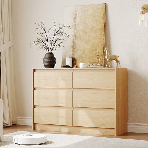 Garvee 47" Wide 6 Drawer Double Dresser for Bedroom, Modern Wood Chest of Drawers, Storage Organizer Cabinet for Living Room, Hallway, Entryway, Natural