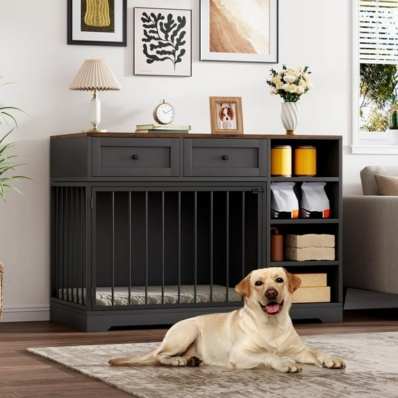 Garvee 47" Wooden Dog Crate Furniture with 2 Drawers & 4 Shelves, Large Heavy-Duty Indoor Dog Kennel, Decorative Dog Crate End Table with Storage for Living Room & Bedroom, Black