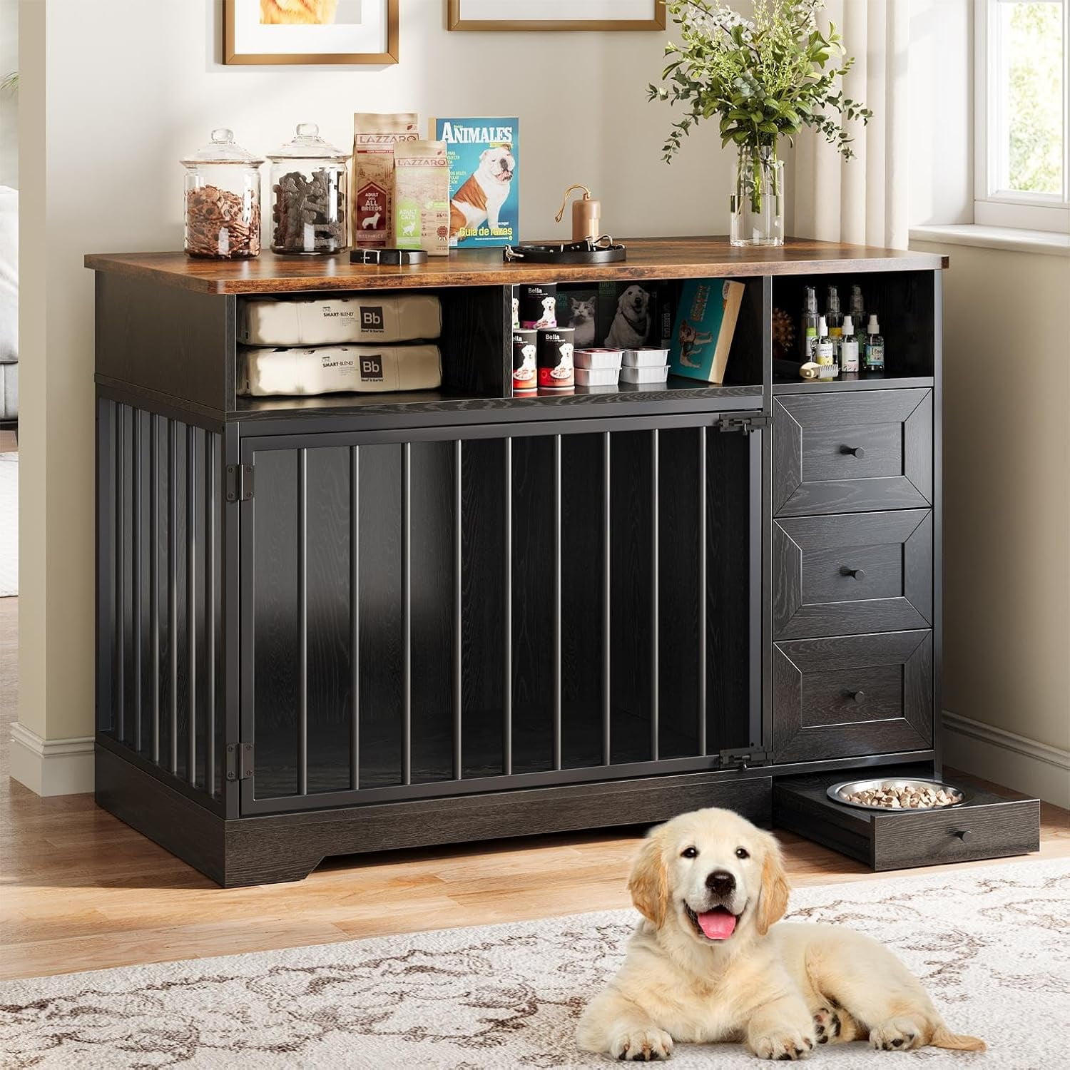 Garvee 48" Large Dog Crate Furniture, Farmhouse Dog Kennel with Built-in Dog Bowl, 3 Drawers & Open Shelves, Heavy-Duty Wooden Dog Crate Table for Medium & Small Dogs, Indoor Pet Furniture, Black