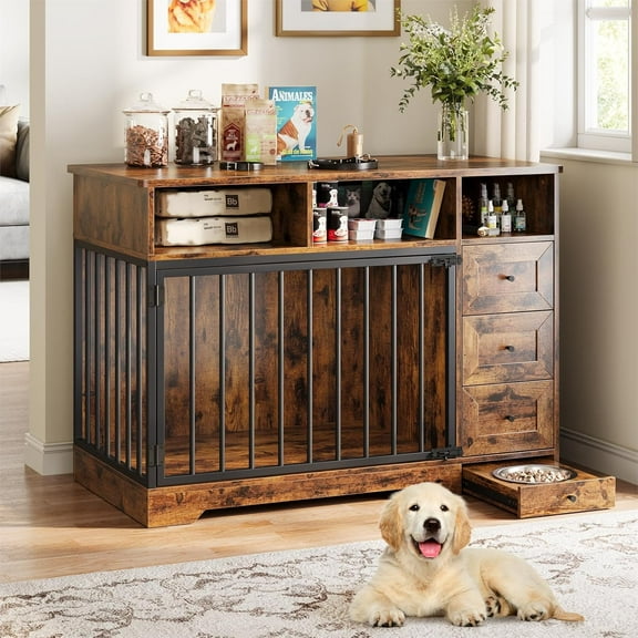 Garvee 48" Large Dog Crate Furniture, Farmhouse Dog Kennel with Built-in Dog Bowl, 3 Drawers & Open Shelves, Heavy-Duty Wooden Dog Crate Table for Medium & Small Dogs, Indoor Pet Furniture, Brown