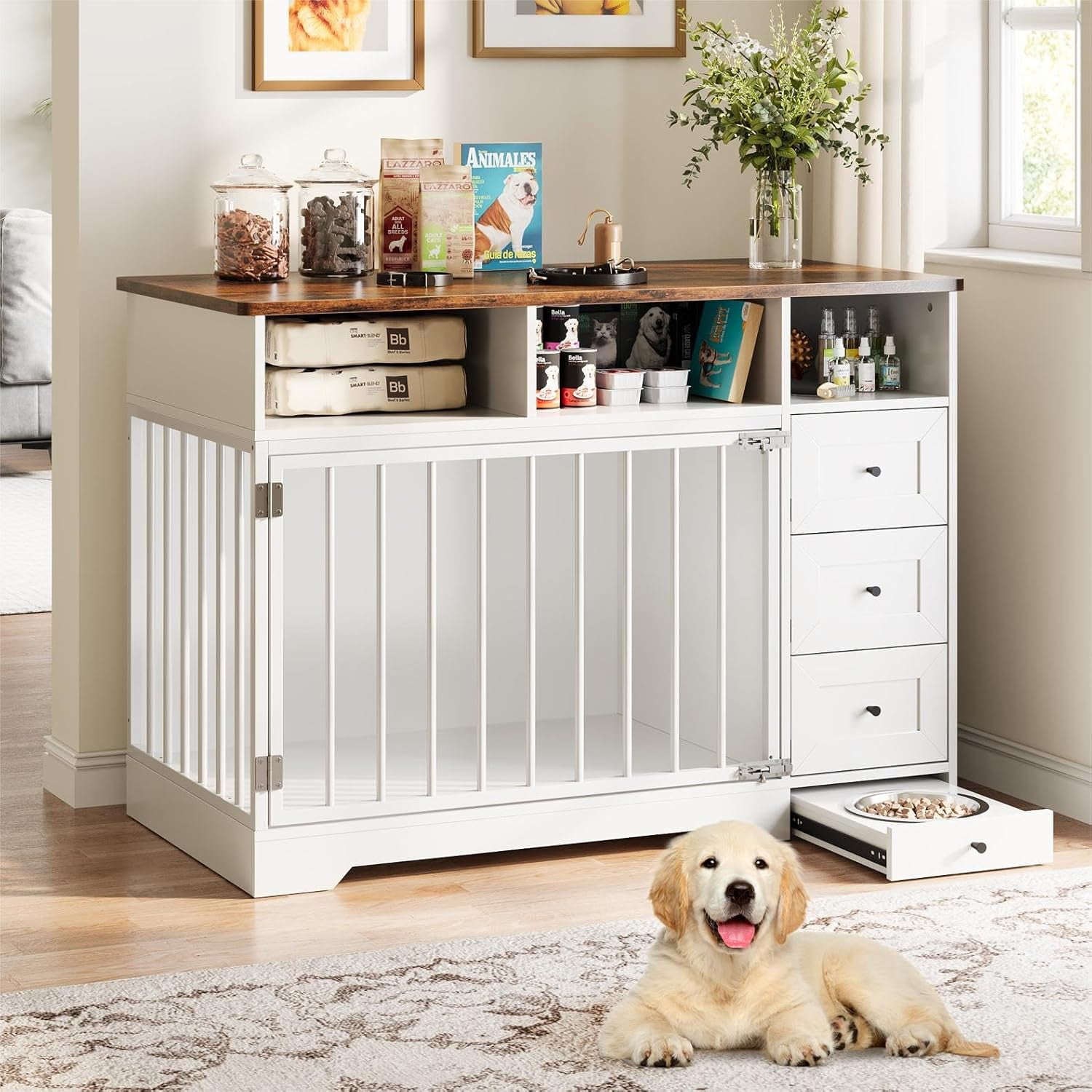 Garvee 48" Large Dog Crate Furniture, Farmhouse Dog Kennel with Built-in Dog Bowl, 3 Drawers & Open Shelves, Heavy-Duty Wooden Dog Crate Table for Medium & Small Dogs, Indoor Pet Furniture, White