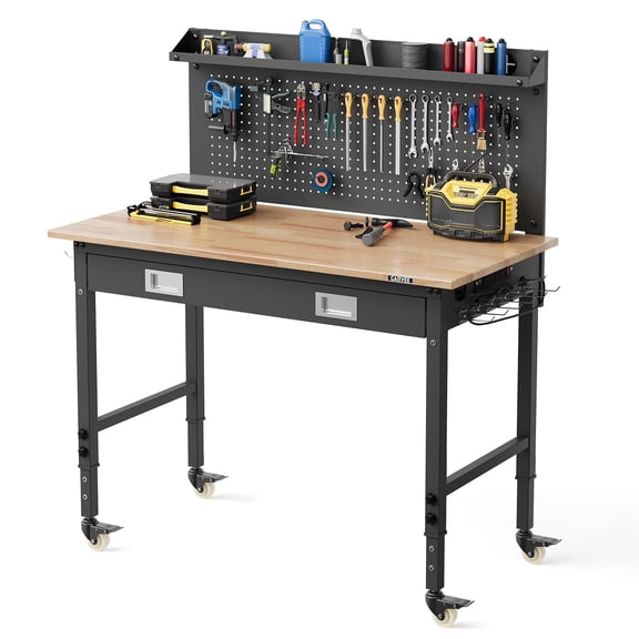 Garvee 48" x 24" Work Benches for Garage, Mobile Workbench with Drawer, Back Panel & 5-Level Adjustable Height, 2000lbs Capacity, Black