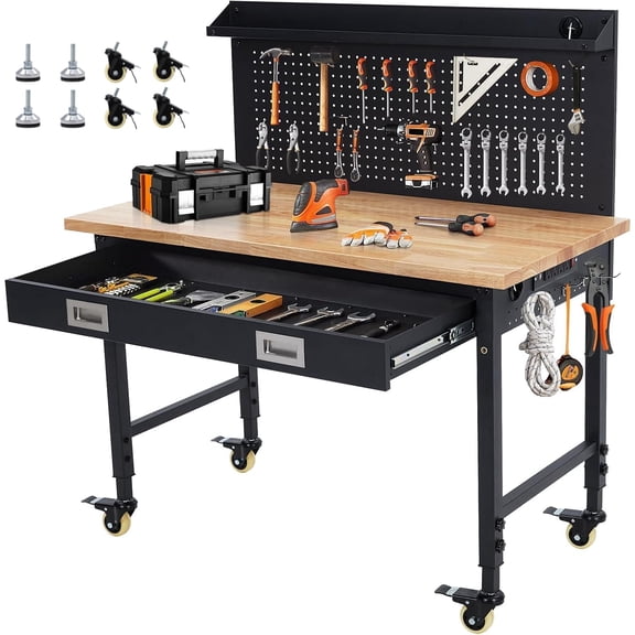 Garvee 48" x 24" Worktable with Drawer & Pegboard, Heavy Duty Work Platform Adjustable Height with Power Outlets, Wheels, 2000 LBS Load Capacity, Work Benches for Garage, Black