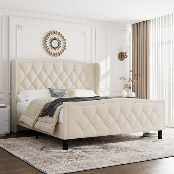 Garvee 49.21" Full Size Platform Bed Frame, Wingback Headboard, Velvet Upholstered, Beige