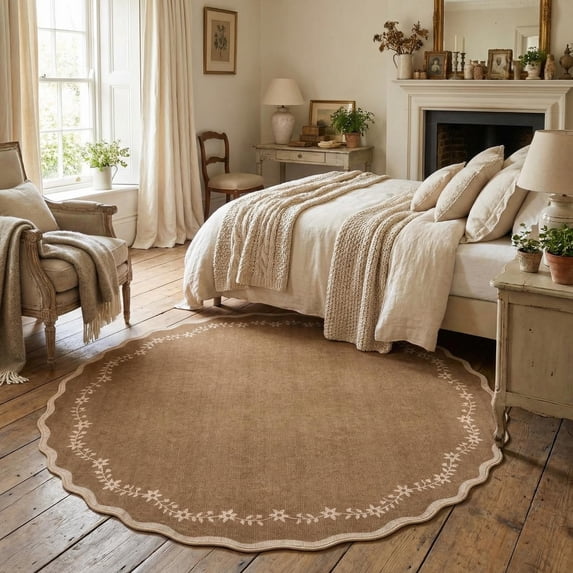 Garvee 4x4 Round Scalloped Area Rugs Floral Print Rug with Non Slip Backing, Washable Indoor Carpet for Living Room Bedroom Home Office, Brown