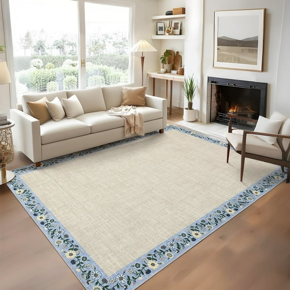 Garvee 4ftx6ft Area Rug Modern Floral Bordered Rug, Clearance Rug Washable Non-Slip Low-Pile Soft Carpet Indoor Rug for Living Room Bedroom Office, Beige