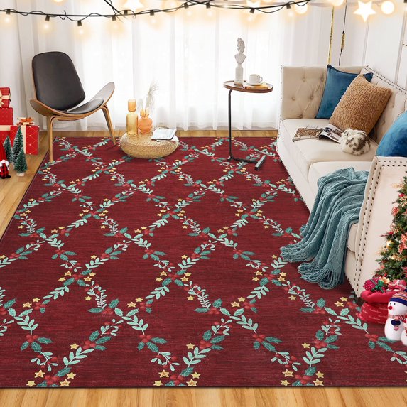 Garvee 4x6ft Christmas Area Rug Geometric Printed Carpet, Washable Xmas Decorative Rugs with Non-Slip Backing Indoor Floor Mats for Living Room Bedroom Home Decor, Red
