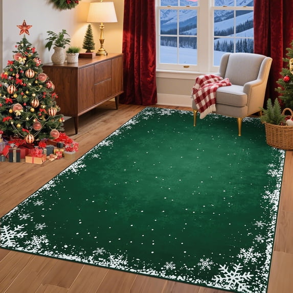 Garvee 4x6ft Christmas Area Rugs Washable Xmas Decoration Carpet, Non Slip Snowflake Winter Holiday Accent Rug for Living Room Bedroom Dining Room, Green