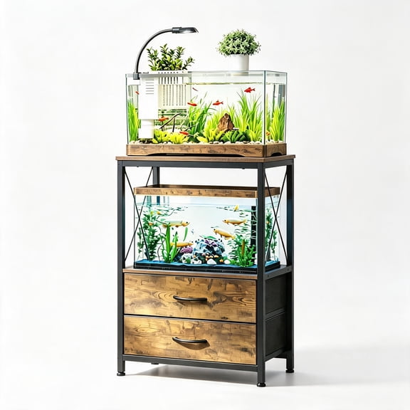 Garvee 5-10 Gallon Aquarium Stand, 2-Tier Metal Frame with 2 Drawers, Heavy Duty Reptile Habitat Rack for Home Office, Tiger Wood