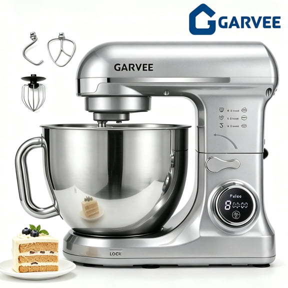 Garvee 5.3 QT Electric Stand Mixer, 8-Speed Kitchen Mixer with Dough Hook, Flat Beater & Wire Whisk for Bread Dough, Cake, Cookies, 500W, 120V, Silver