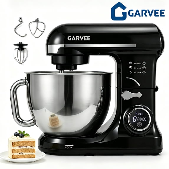 Garvee 5.3 QT Electric Stand Mixer, 8-Speed Kitchen Mixer with Dough Hook, Flat Beater & Wire Whisk for Bread Dough, Cake, Cookies, 500W, 120V, Black