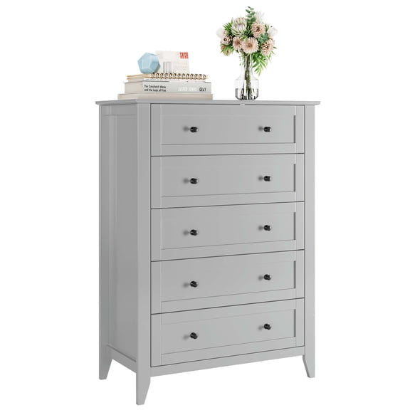Garvee 5 Drawer Dresser for Bedroom, Modern Tall Chest of Drawers with Metal Knobs, Wooden Clothes Storage Organizer for Closet, Nursery, Living Room, Apartment, Grey