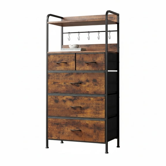 Garvee 5-Drawer Dresser for Bedroom, Wood Top, with Storage Organizer Fabric Bins, Brown