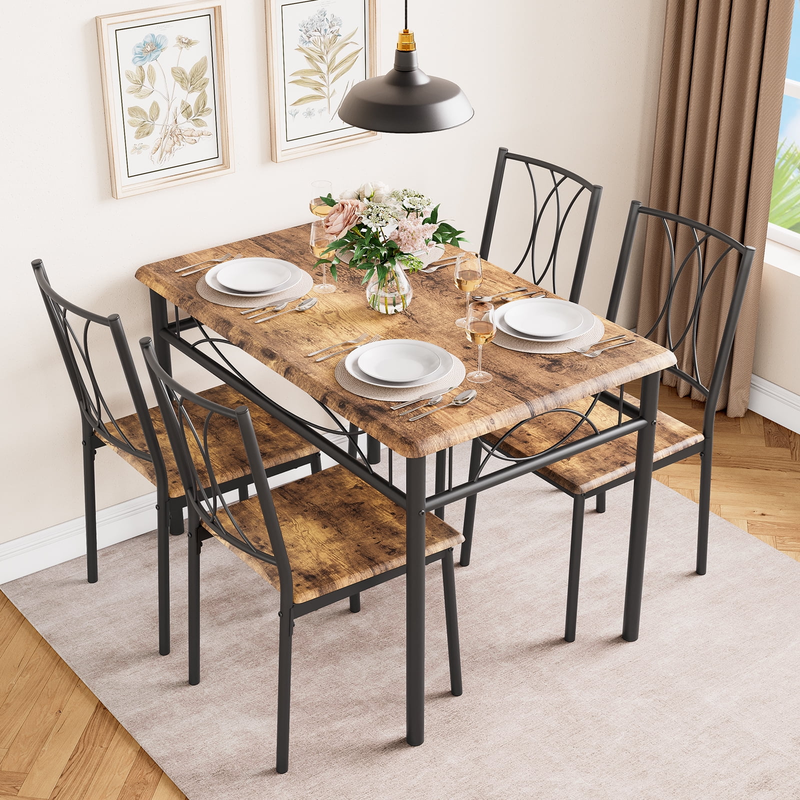 Garvee 5-Piece Dining Room Table Set Kitchen Table for 4, Wooden Kitchen Table and Chair Set for Kitchen Dining Room