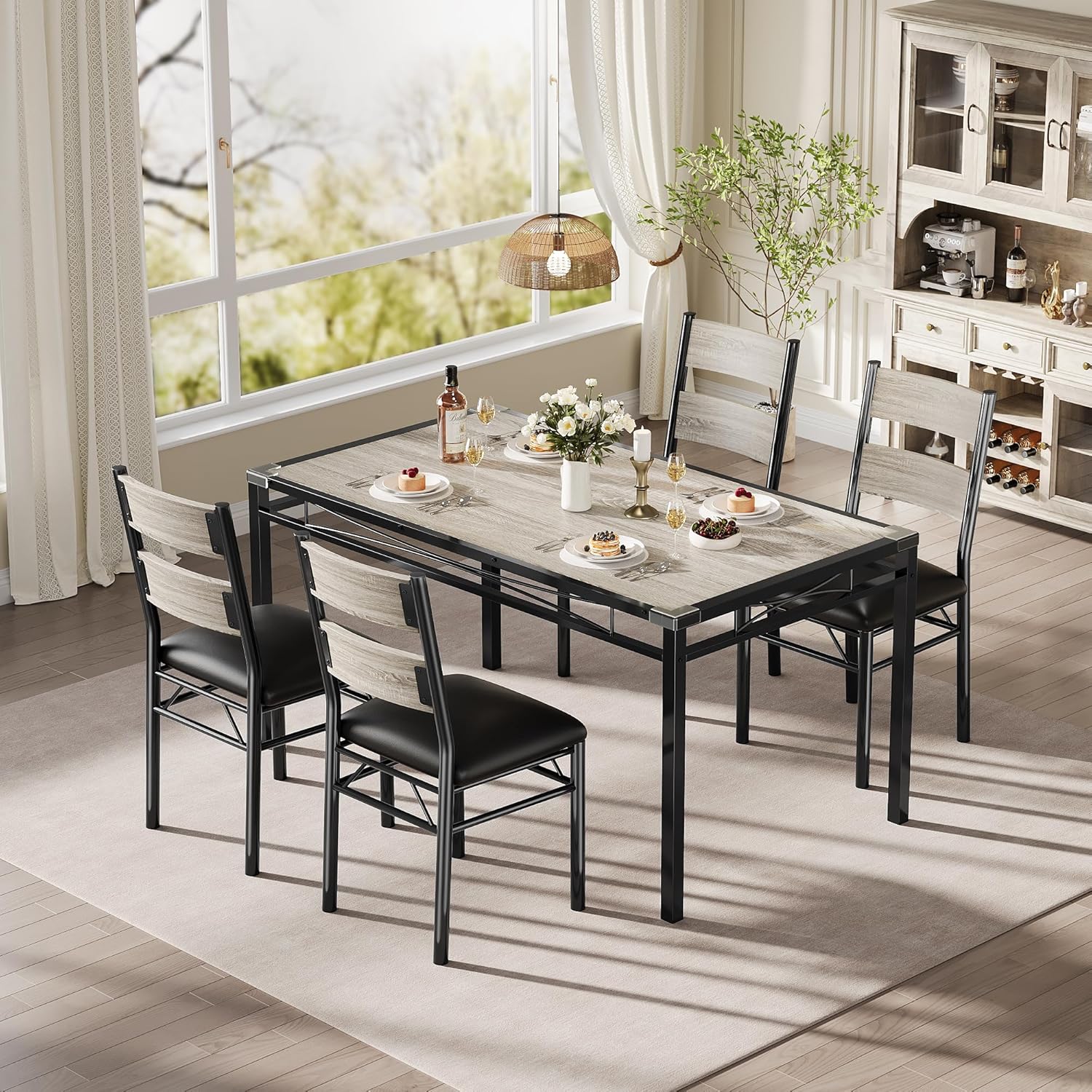 Garvee 5-Piece Dining Set for 4 with Table and 4 Upholstered Chairs, Includes Corner Protector for Small Spaces, Apartment, and Dining Room