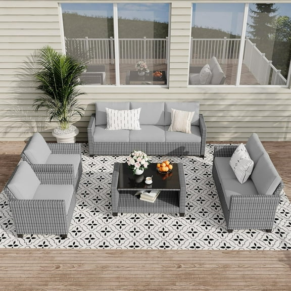 Garvee 5-Piece Outdoor Patio Furniture Set, Rattan Wicker Sectional Sofa with Cushions & Glass Coffee Table, All-Weather Conversation Set for Garden, Backyard, Poolside & Balcony, Grey