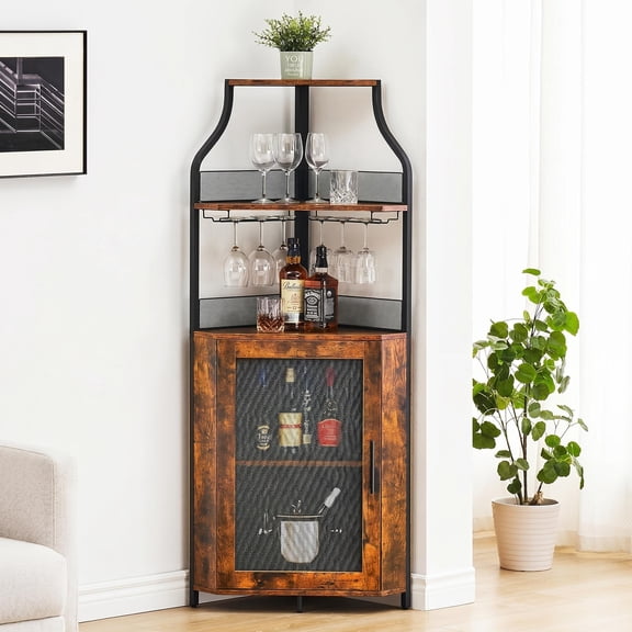 Garvee 5-Tier Corner Wine Cabinet with Removable Rack, Barn Door Corner Bar Storage with Stemware Holder, Farmhouse Buffet Liquor Station, Rustic Brown