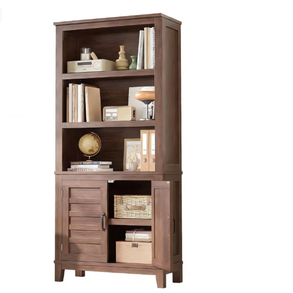 Garvee 5 Tier Farmhouse Bookcase 31.5 x 11.8 x 71.3", 2 Doors & 3 Adjustable Shelf, Brown