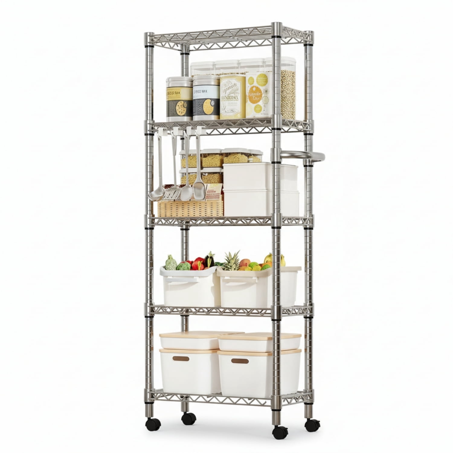Garvee 5 Tier Metal Storage Shelves, with Lockable Wheels, 23.6 x 11.81 x 61.8 inch, Silver