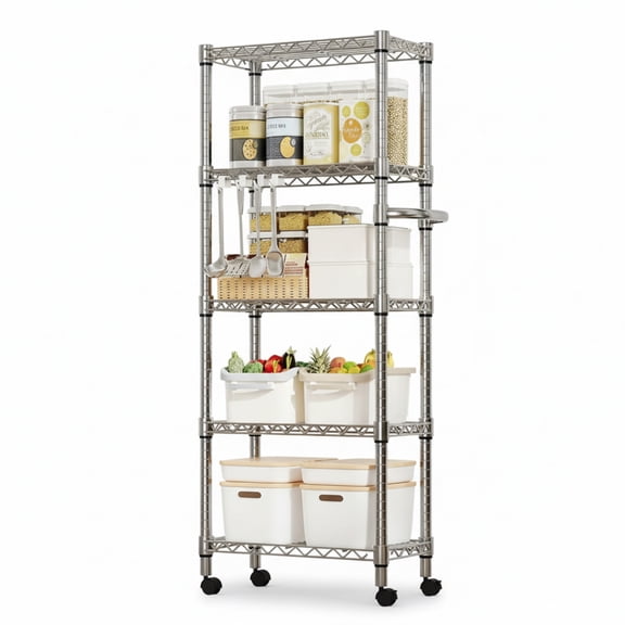 Garvee 5-Tier Metal Storage Shelves, with Lockable Wheels, 23.6 x 11.81 x 61.8", Silver