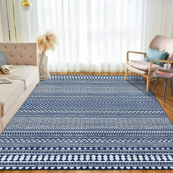 Garvee 5' x 7' Area Rug Geometric Boho Area Rug Farmhouse Moroccan Distressed Rug Low Pile Non-Shedding for Dining Room Home Office, Navy Blue