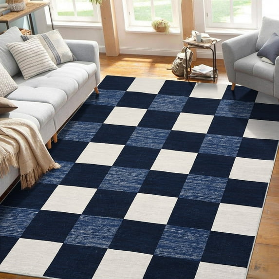 Garvee 5' x 7' Modern Geometric Area Rug Checkered Rug Washable Rugs Indoor Soft Foldable Accent Carpet, Navy Blue