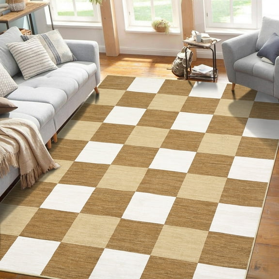 Garvee 5' x 7' Modern Geometric Area Rug Checkered Rug Washable Rugs Indoor Soft Foldable Accent Carpet, Tan