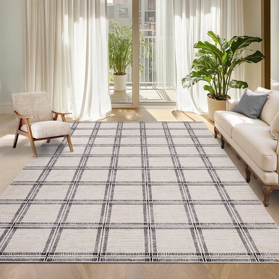 Garvee 5'x7' Area Rug Modern Striped Geometric Carpet, Washsble Plaid Rug Non Slip Stain Resistant Indoor Floor Mats for Living Room Bedroom Dining Room, Beige