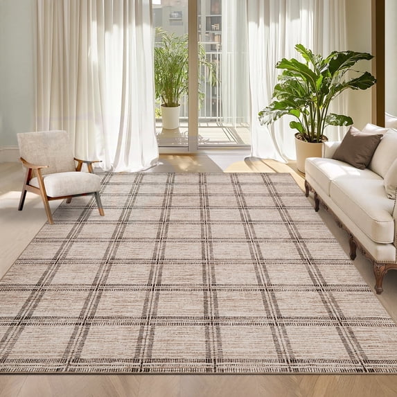 Garvee 5'x7' Area Rug Modern Striped Geometric Carpet, Washsble Plaid Rug Non Slip Stain Resistant Indoor Floor Mats for Living Room Bedroom Dining Room, Camel