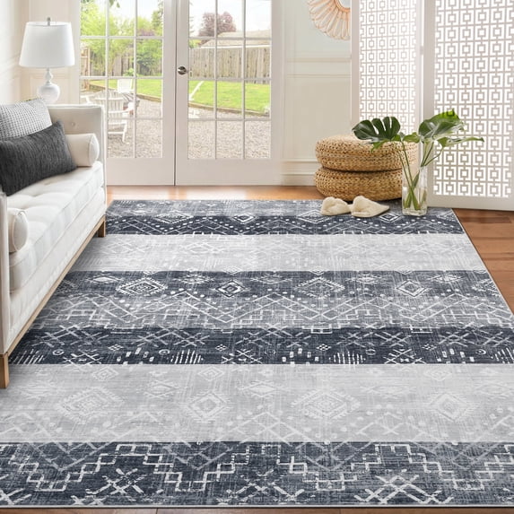Garvee 5'x7' Area Rug Vintage Boho Geometric Rug Non Slip Non-Shedding Farmhouse Soft Foldable Accent Rugs, Gray