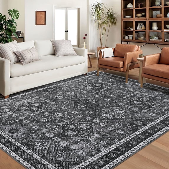Garvee 5'x7' Area Rug, Washable Persian Rug Vintage Boho Carpet Non Slip Soft Print Rug for Bedroom Dining Room Living Room, Gray
