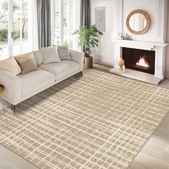 Garvee 5'x7' Solid Area Rug Washable Rug, Modern Abstract Printed Carpet Anti-Slip Backing Contemporary Stripes Rugs for Living Room Bedroom Home Office, Camel