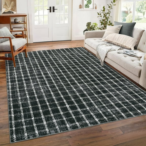 Garvee 5'x7' Area Rugs Modern Checkered Rug, Washable Geometric Rug Stain-Resistant Non Slip Indoor Rug for Living Room Dining Room Office, Black