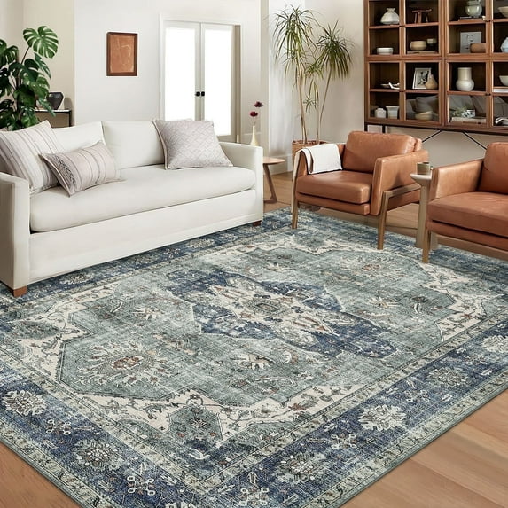 Garvee 5'x7' Area Rugs Vintage Persian Print Rug, Non-Slip Boho Traditional Indoor Carpet Washable Soft Rug for Living Room Bedroom Home Office, Blue