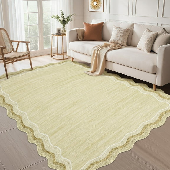 Garvee 5'x7' Scalloped Area Rugs, Washable Rugs Modern Abstract Irregular Rug Print Carpet, Non-Slip Low Pile Distressed Indoor Rugs for Living Room Bedroom Dining Room, Beige