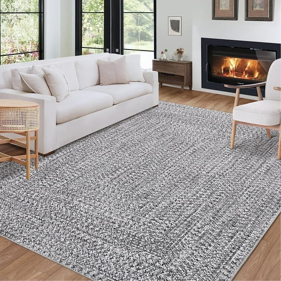 Garvee 5'x7' Area Rugs Braided Print Rug, Machine Washable Indoor Rug Non-Slip Low Pile Farmhouse Solid Carpet for Bedroom, Living Room, Dining Room Office, Gray