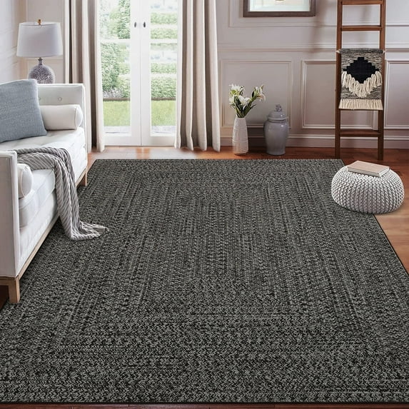 Garvee 5'x7' Area Rugs Braided Print Rug, Machine Washable Indoor Rug Non-Slip Low Pile Farmhouse Solid Carpet for Bedroom, Living Room, Dining Room Office, Gray Brown